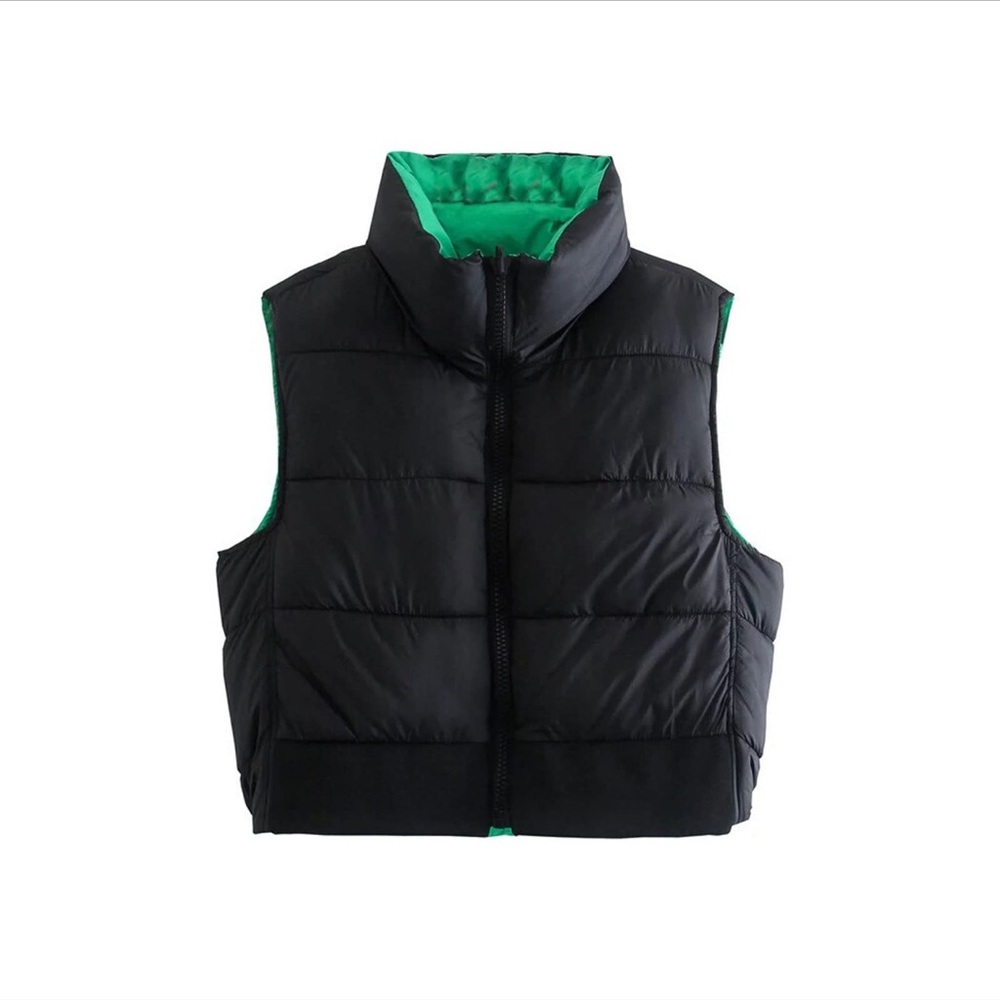 Zara Black and Green Reversible Puffer Vest for Women